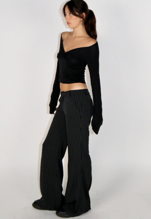 Low‑Rise Flared Pinstripe Trousers