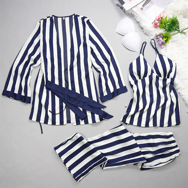 Summer Silk Pajama Set for Women - Striped & Casual FondueHaven