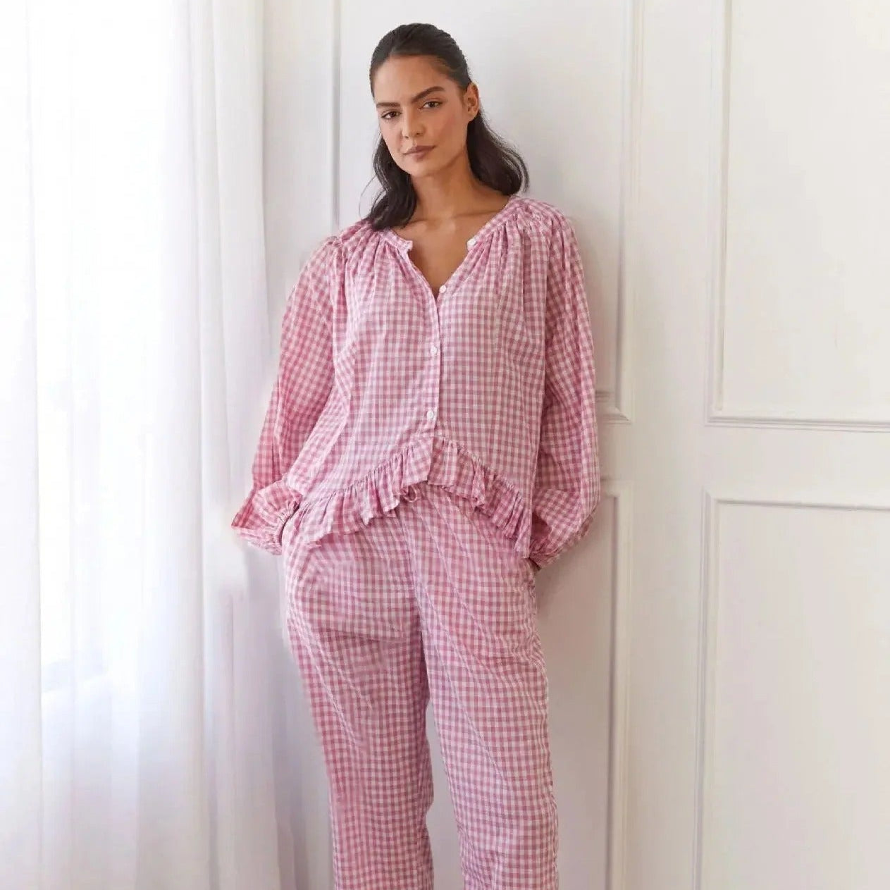 Women’s Pyjama Set – Button-Down Top & Gingham Pants FondueHaven